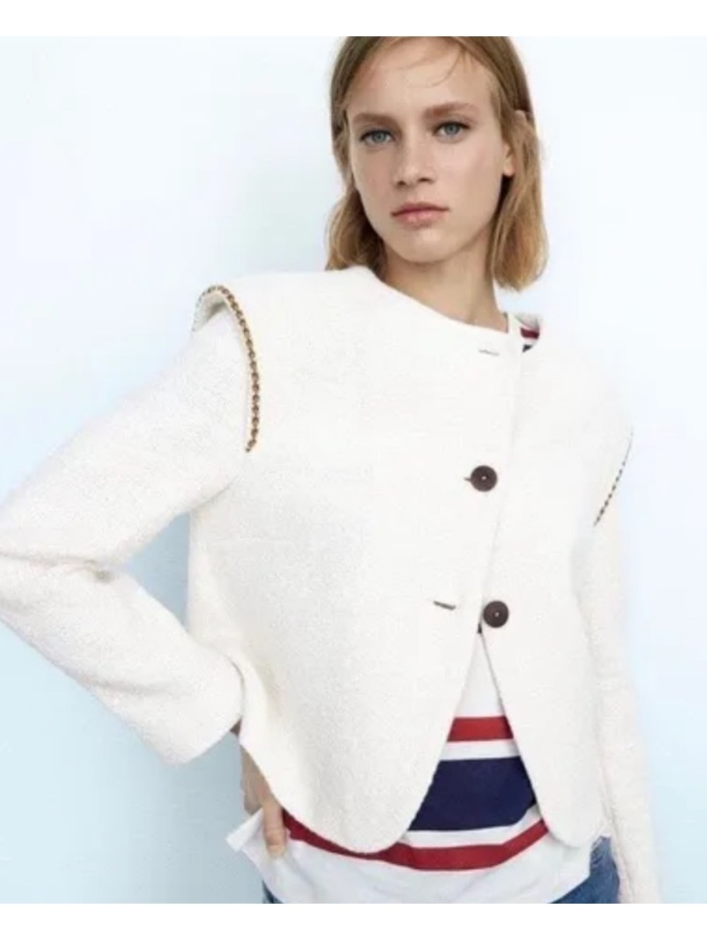 ZARA Ecru Textured Pronounced button blazer jacket